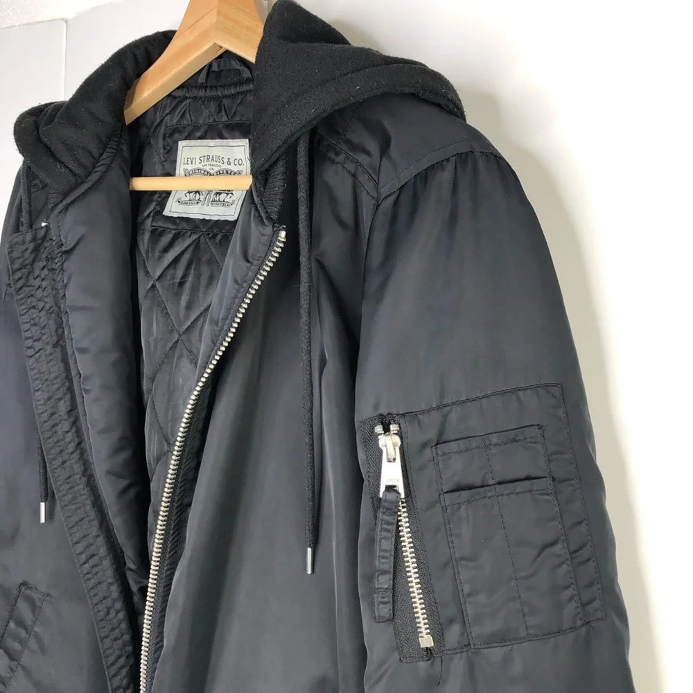 Levis Bomber Jacket Hoodie Mens Sz S Black Softshell Full Zip Hooded Quilt Lined